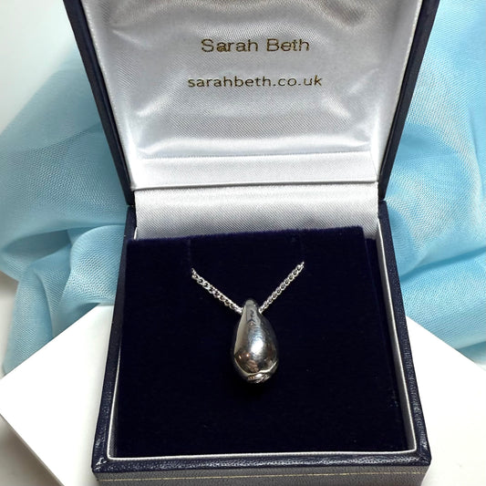 Memorial ashes necklace solid sterling silver teardrop shaped pendant including chain