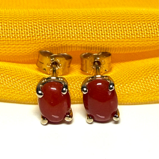 Real coral oval shaped stud earrings yellow gold
