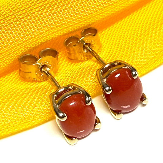 Real coral oval shaped stud earrings yellow gold