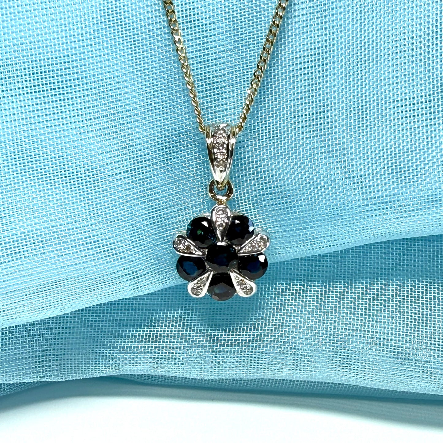 Real blue sapphire and real diamond round cluster necklace yellow gold pendant