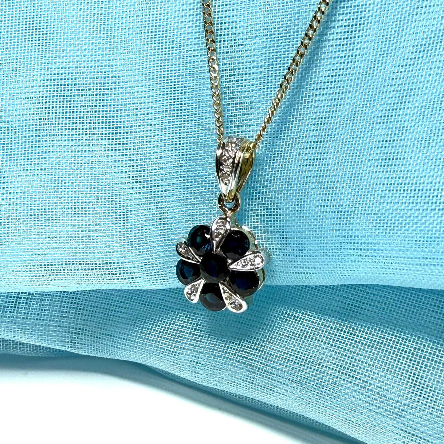 Real blue sapphire and real diamond round cluster necklace yellow gold pendant