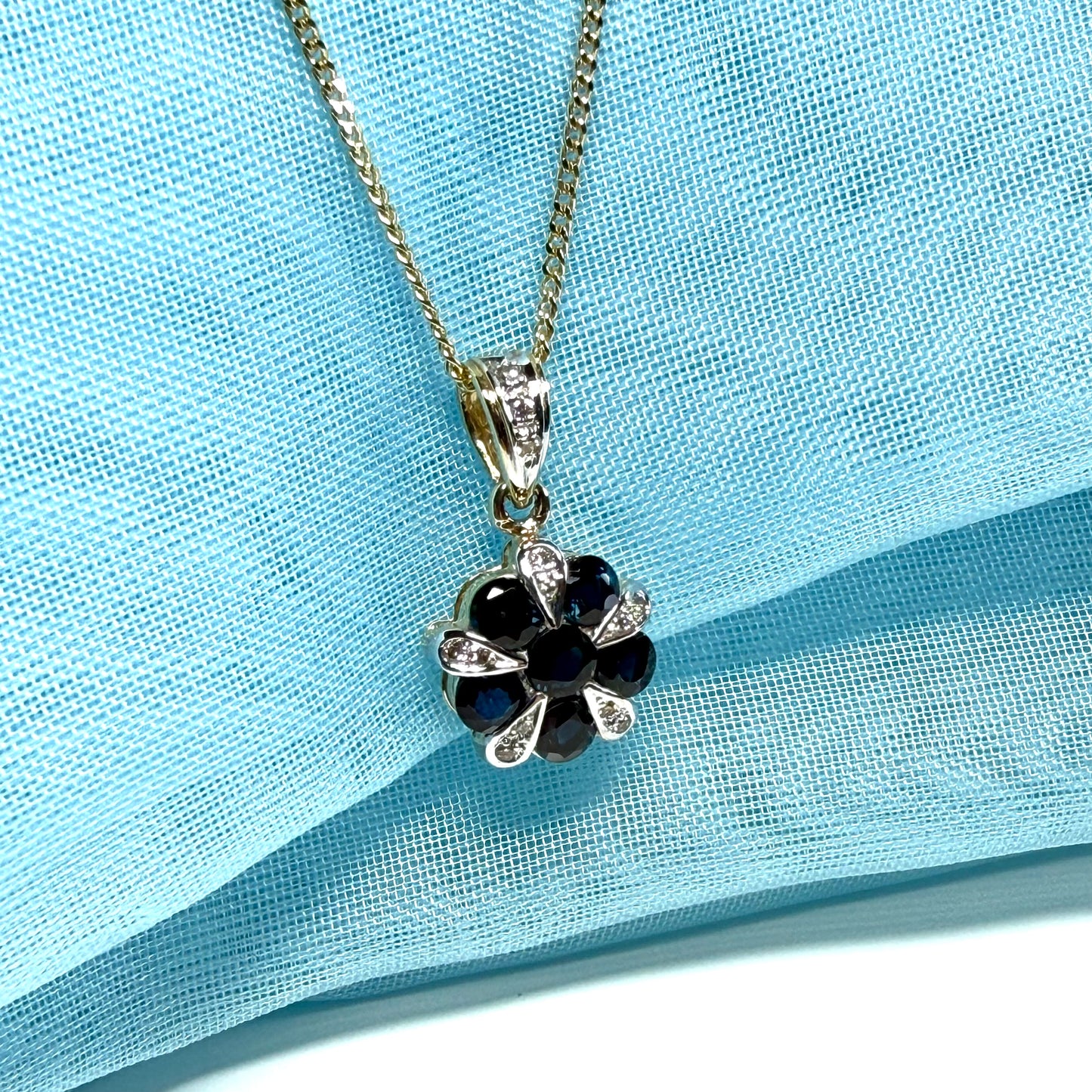 Real blue sapphire and real diamond round cluster necklace yellow gold pendant