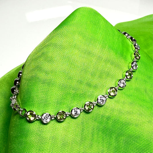 Green real peridot and cubic zirconia round sterling silver bracelet
