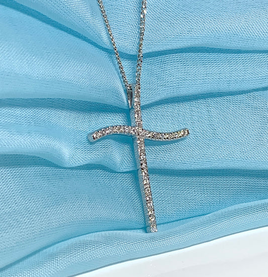 Large fancy stone set  sterling silver cubic zirconia cross including chain