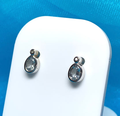 Real aquamarine and diamond white gold stud earrings