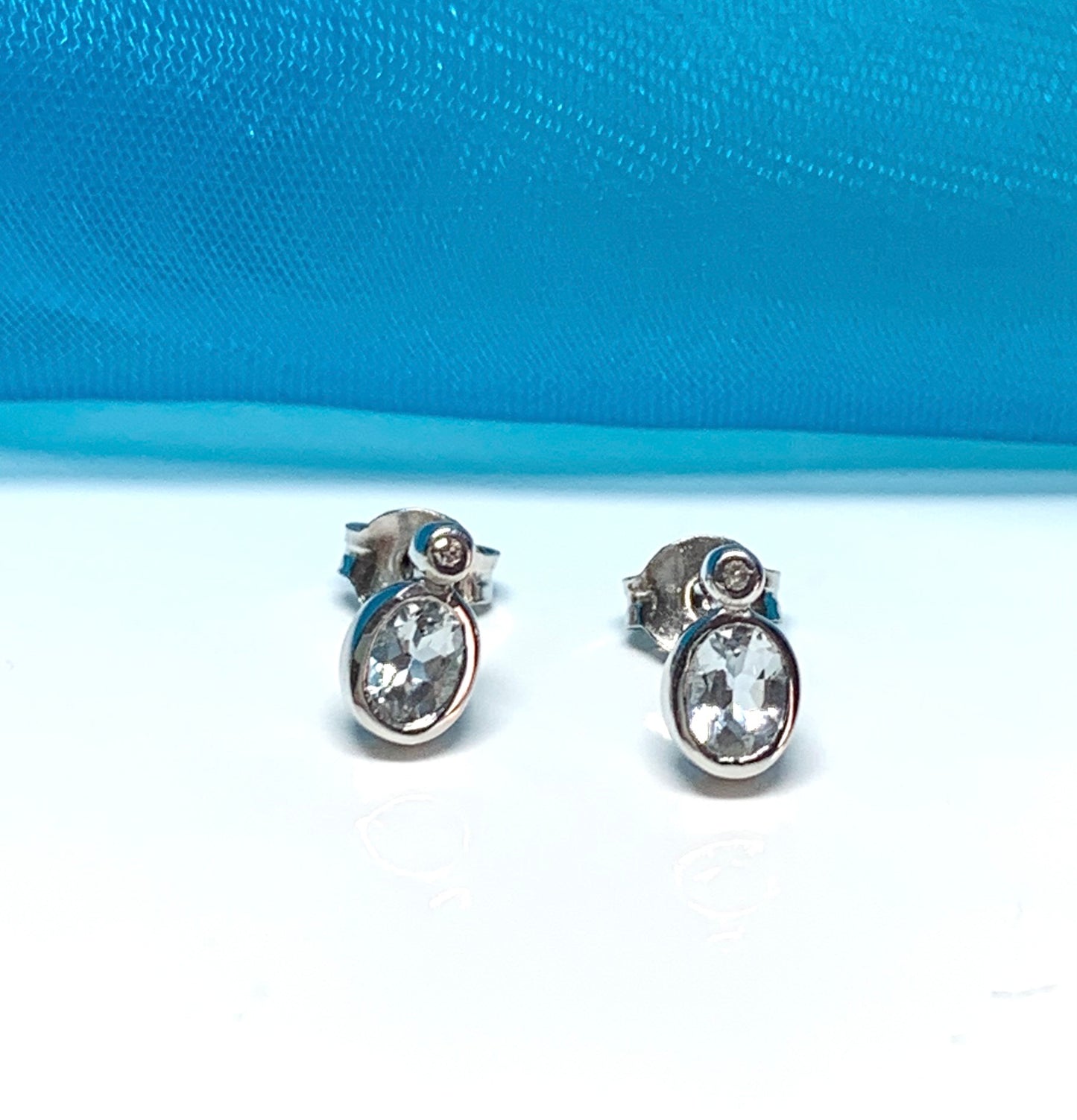 Real aquamarine and diamond white gold stud earrings