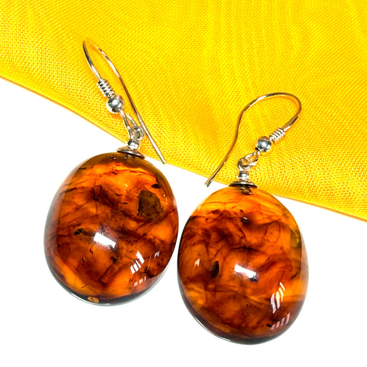 Pair of real amber drop earrings oval shaped sterling silver hooks