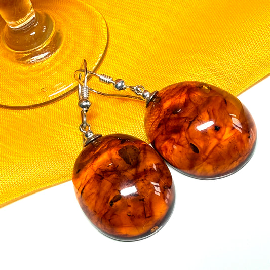 Pair of real amber drop earrings oval shaped sterling silver hooks