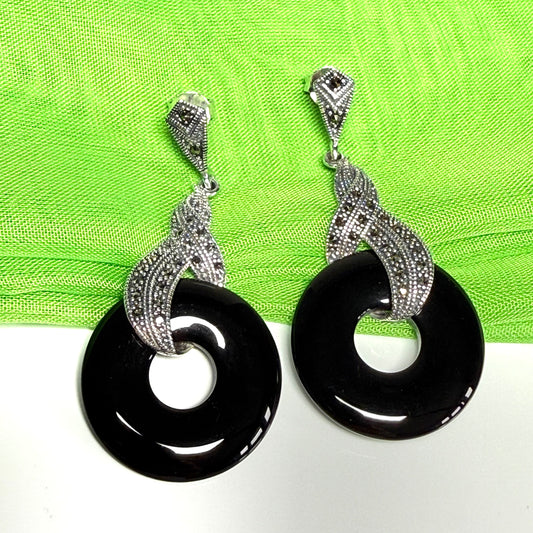Large long drop earrings real black onyx with real marcasite round open circle shape sterling silver
