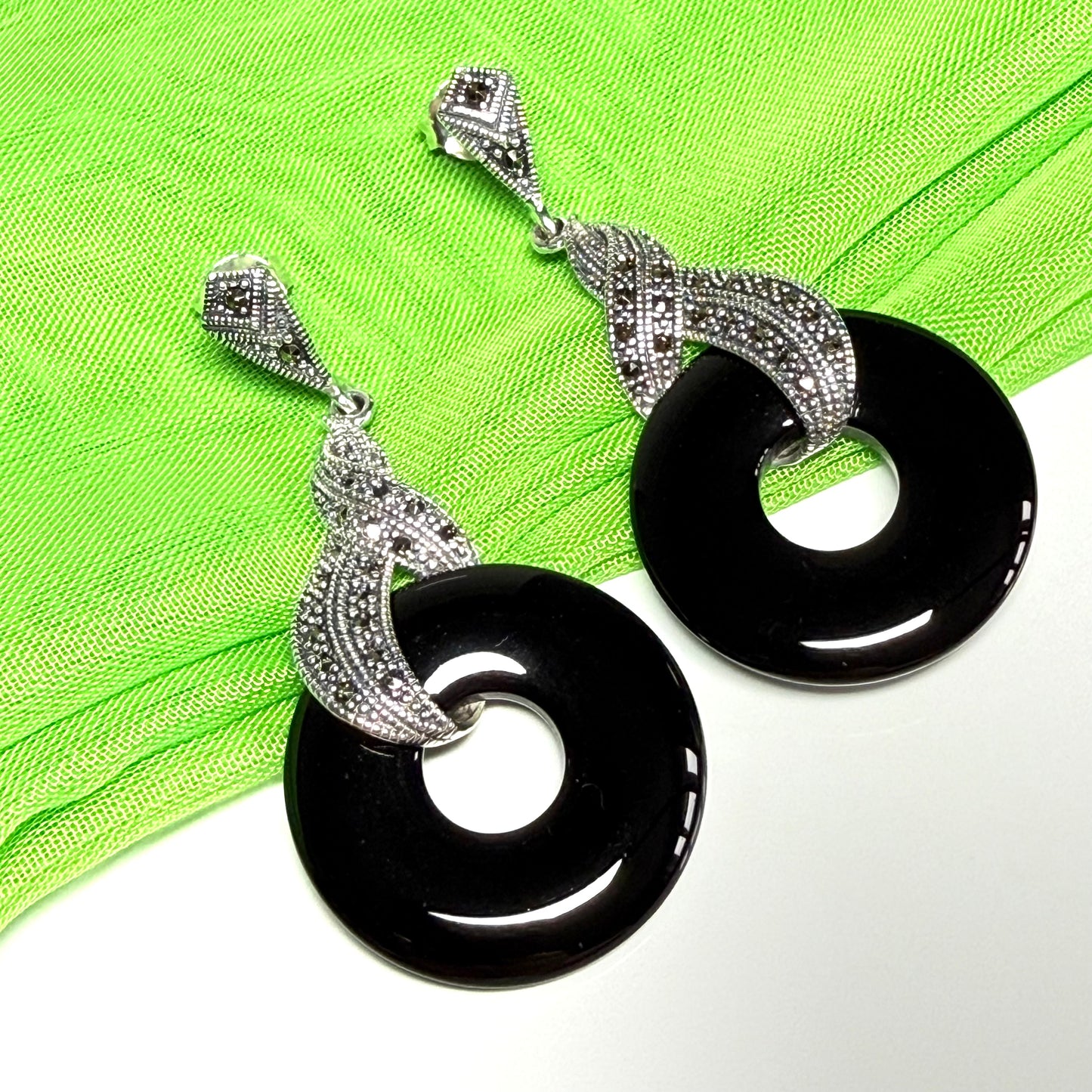 Large long drop earrings real black onyx with real marcasite round open circle shape sterling silver