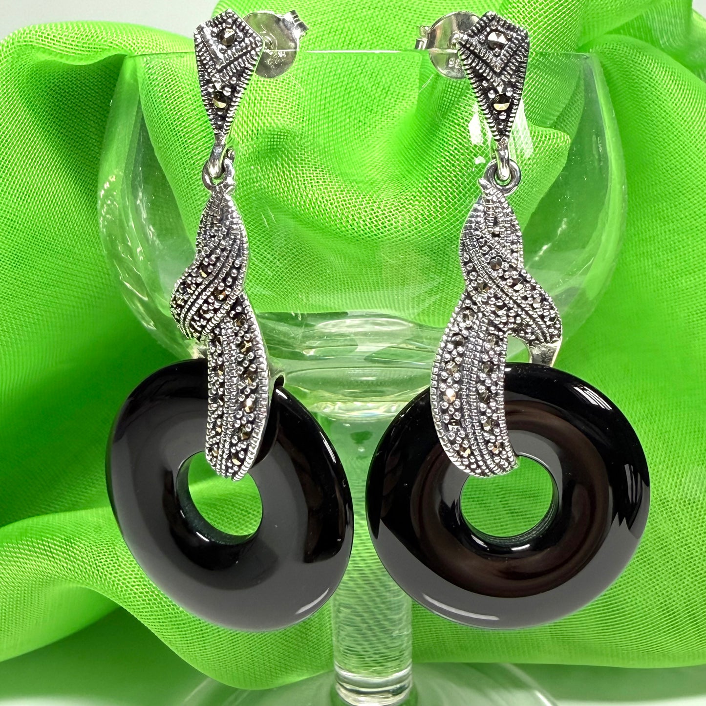 Large long drop earrings real black onyx with real marcasite round open circle shape sterling silver