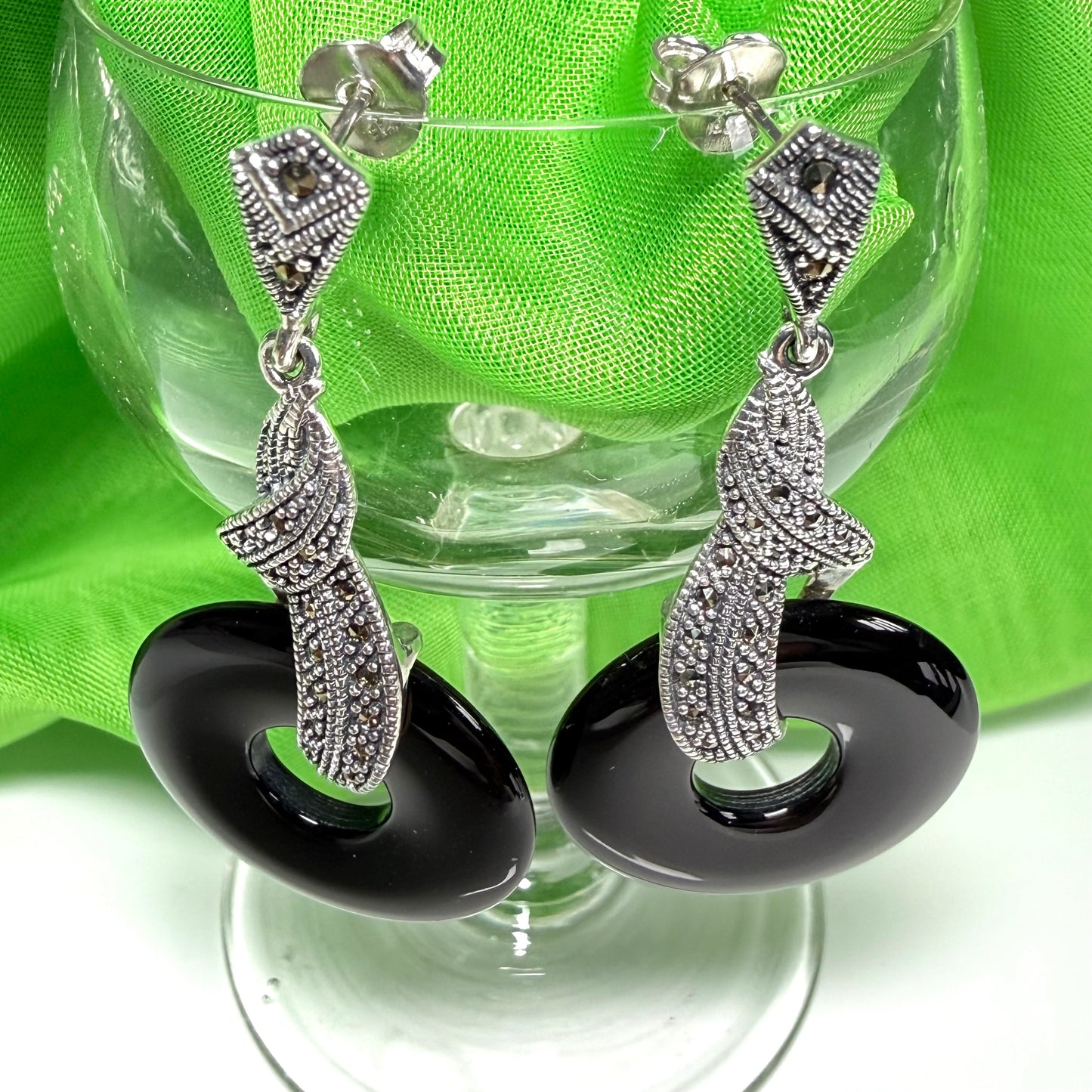 Large long drop earrings real black onyx with real marcasite round open circle shape sterling silver
