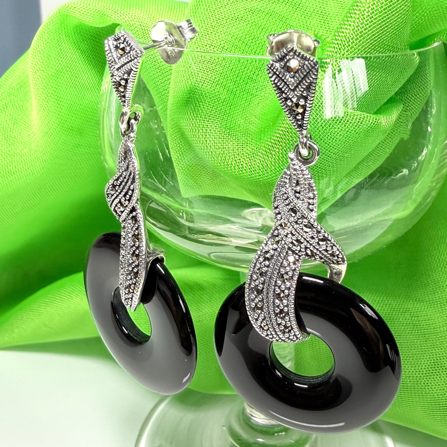 Large long drop earrings real black onyx with real marcasite round open circle shape sterling silver