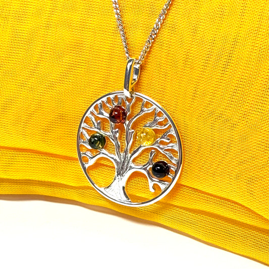 Sterling silver multi coloured amber Tree Of Life necklace pendant