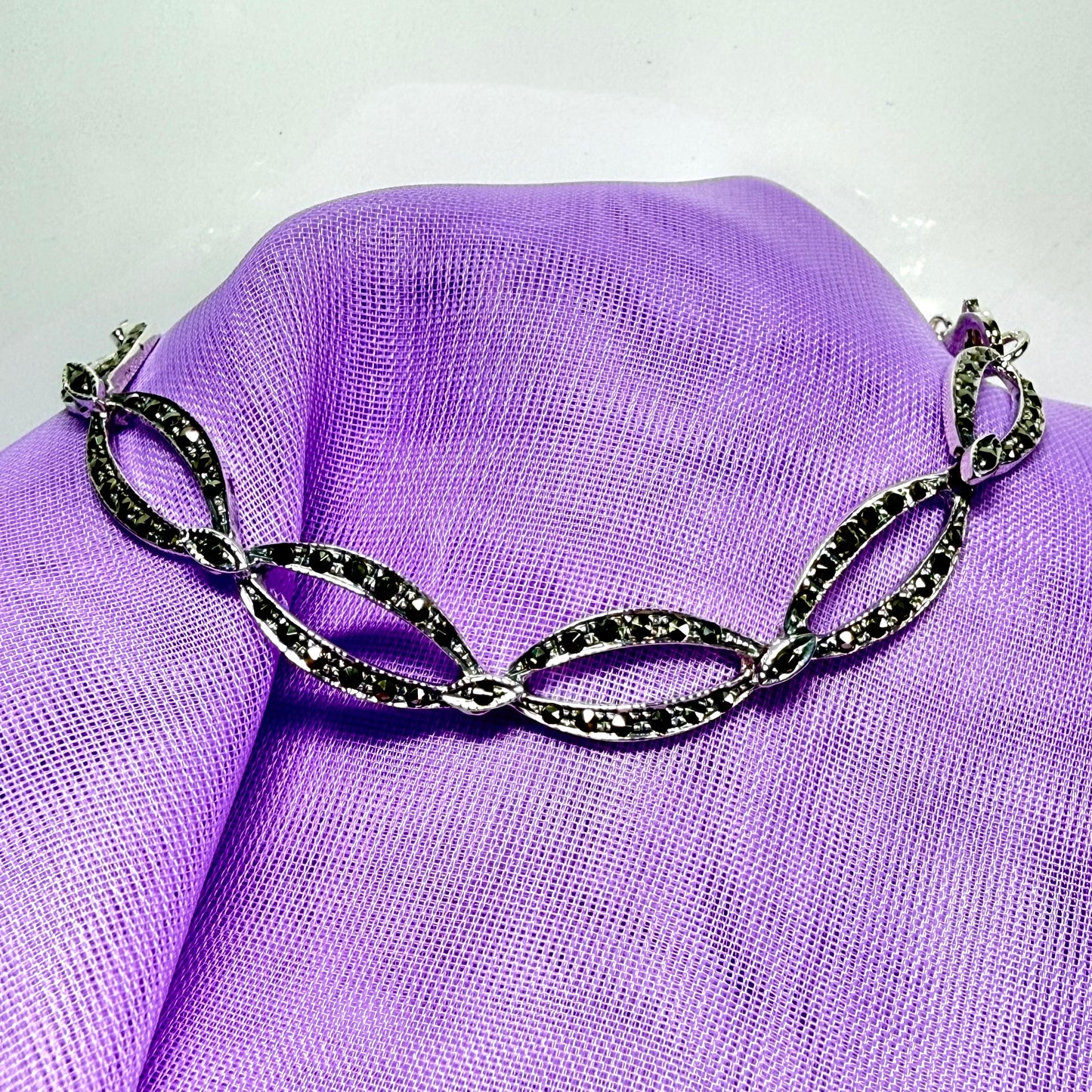 Oval shaped real marcasite sterling silver bracelet open links