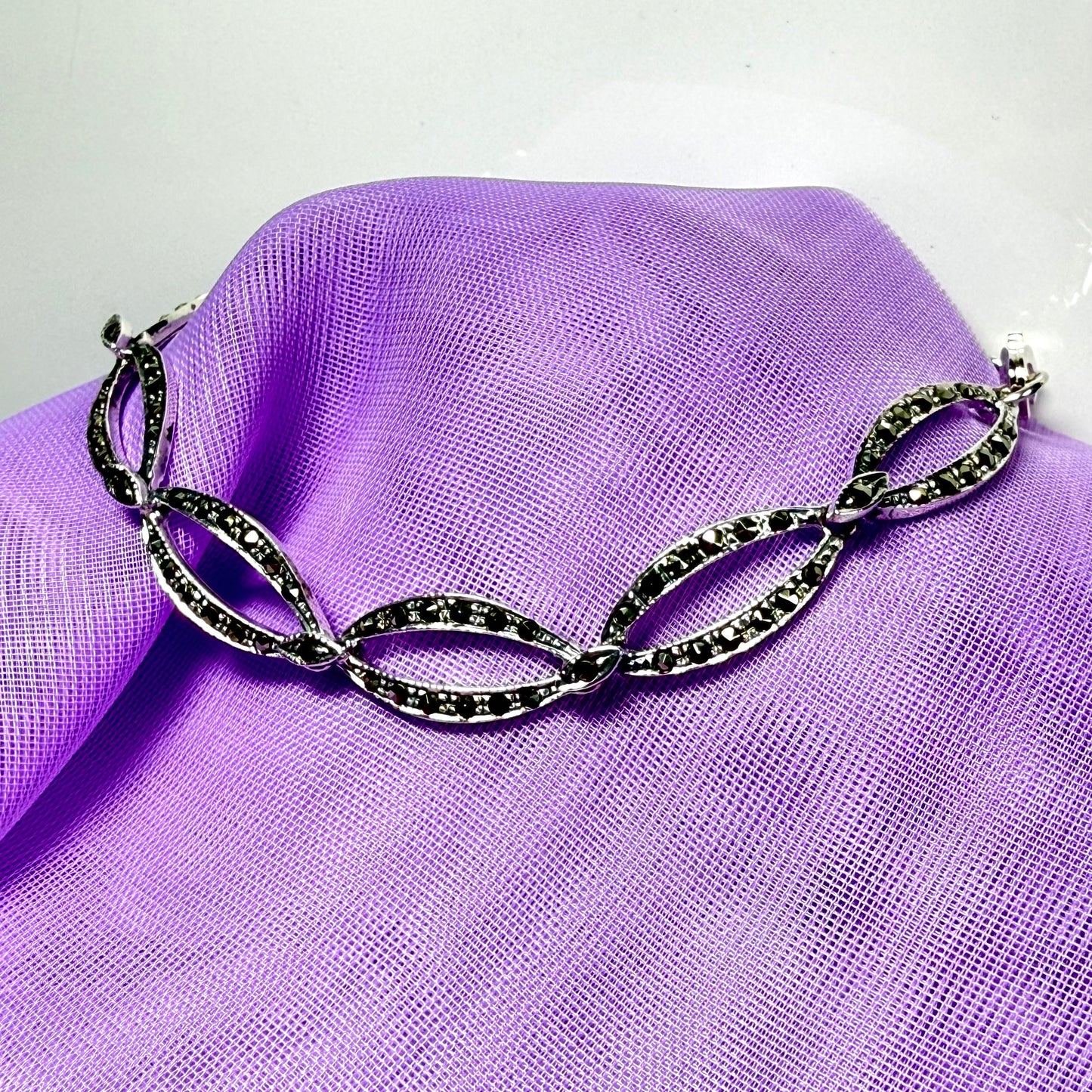 Oval shaped real marcasite sterling silver bracelet open links