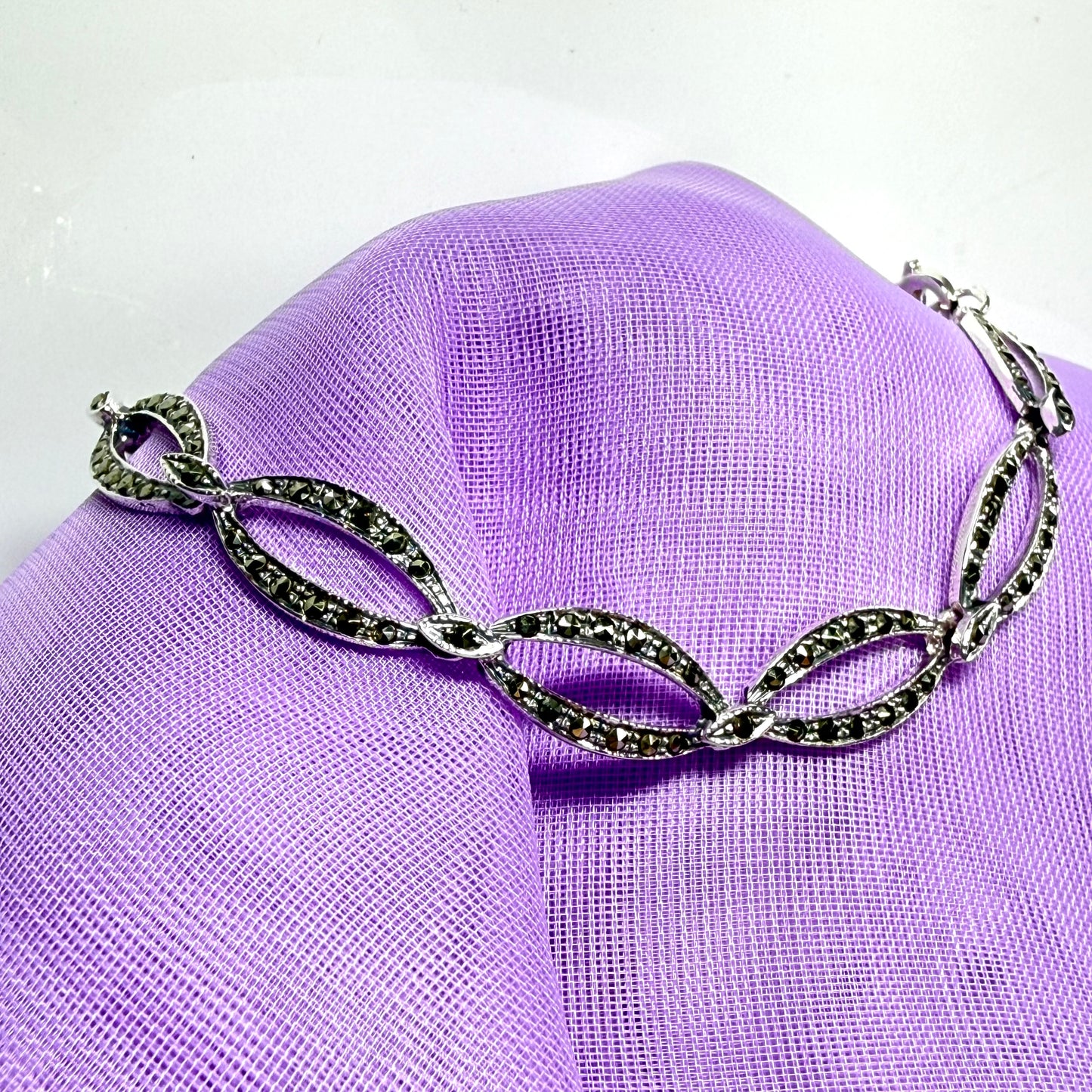 Oval shaped real marcasite sterling silver bracelet open links