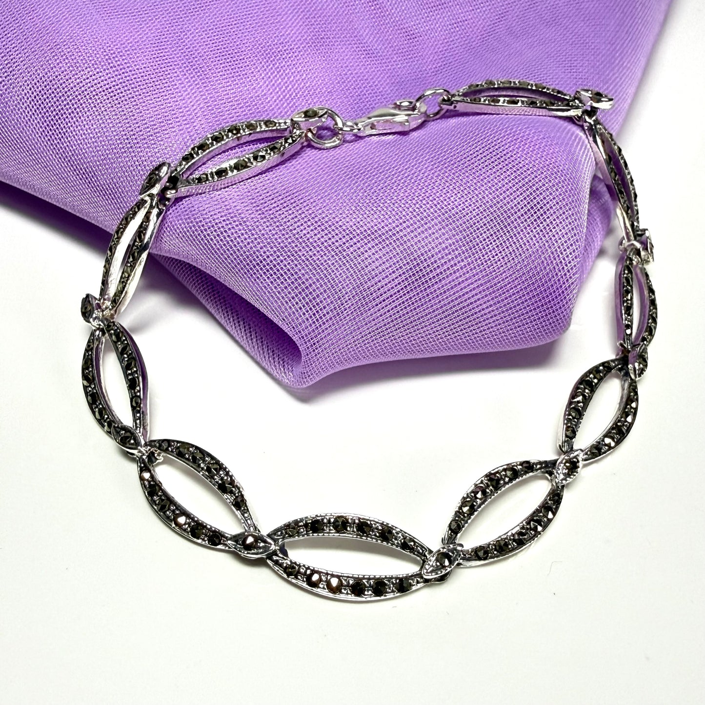 Oval shaped real marcasite sterling silver bracelet open links