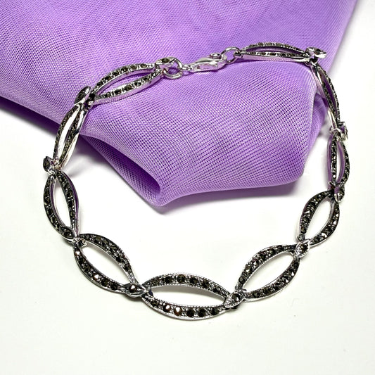 Oval shaped real marcasite sterling silver bracelet open links