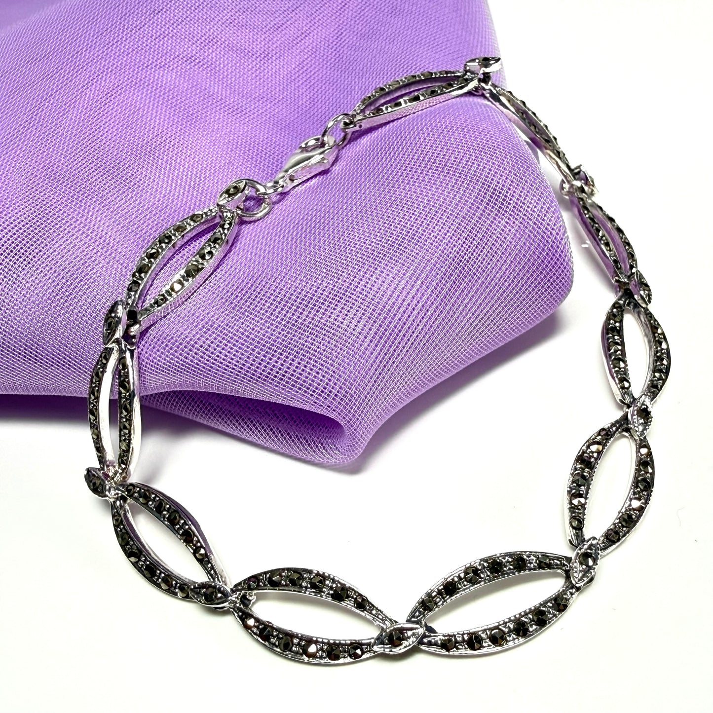 Oval shaped real marcasite sterling silver bracelet open links