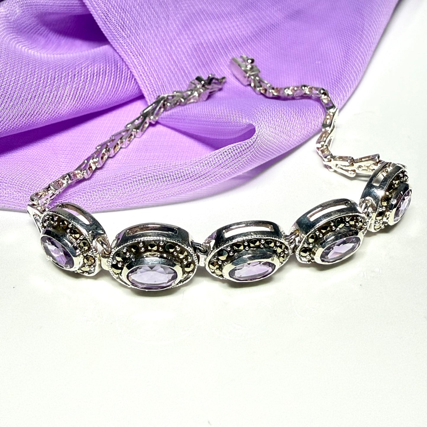 Real marcasite and real amethyst sterling silver bracelet oval shaped, a stunning design
