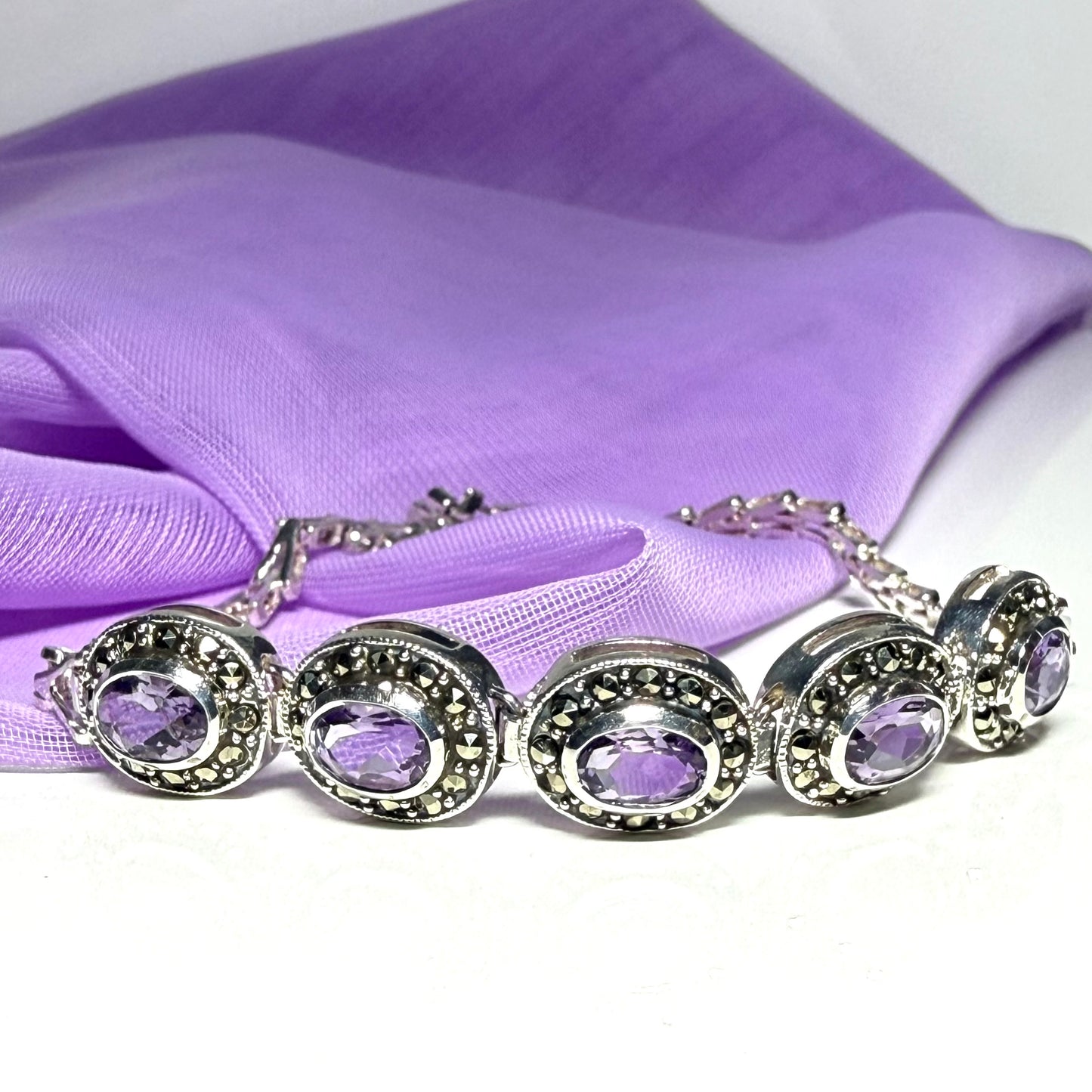 Real marcasite and real amethyst sterling silver bracelet oval shaped, a stunning design