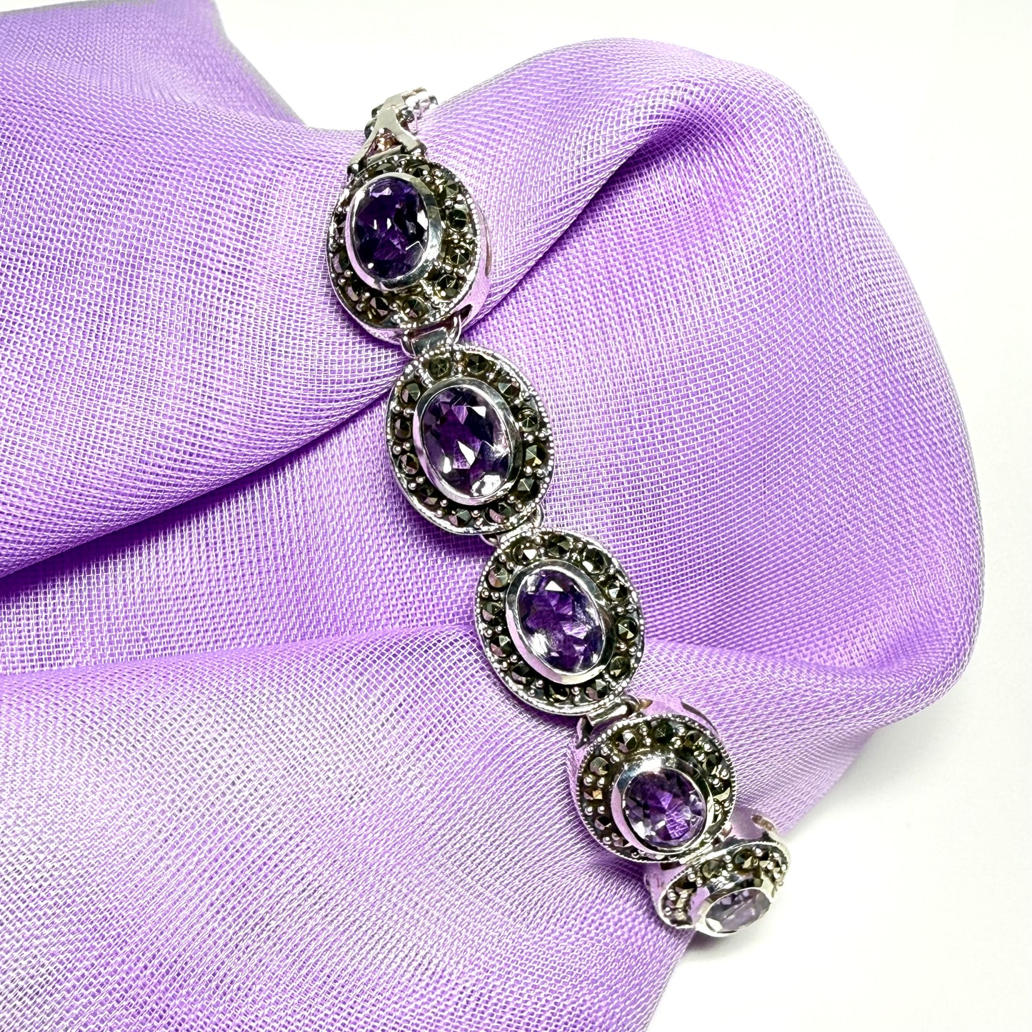 Real marcasite and real amethyst sterling silver bracelet oval shaped, a stunning design