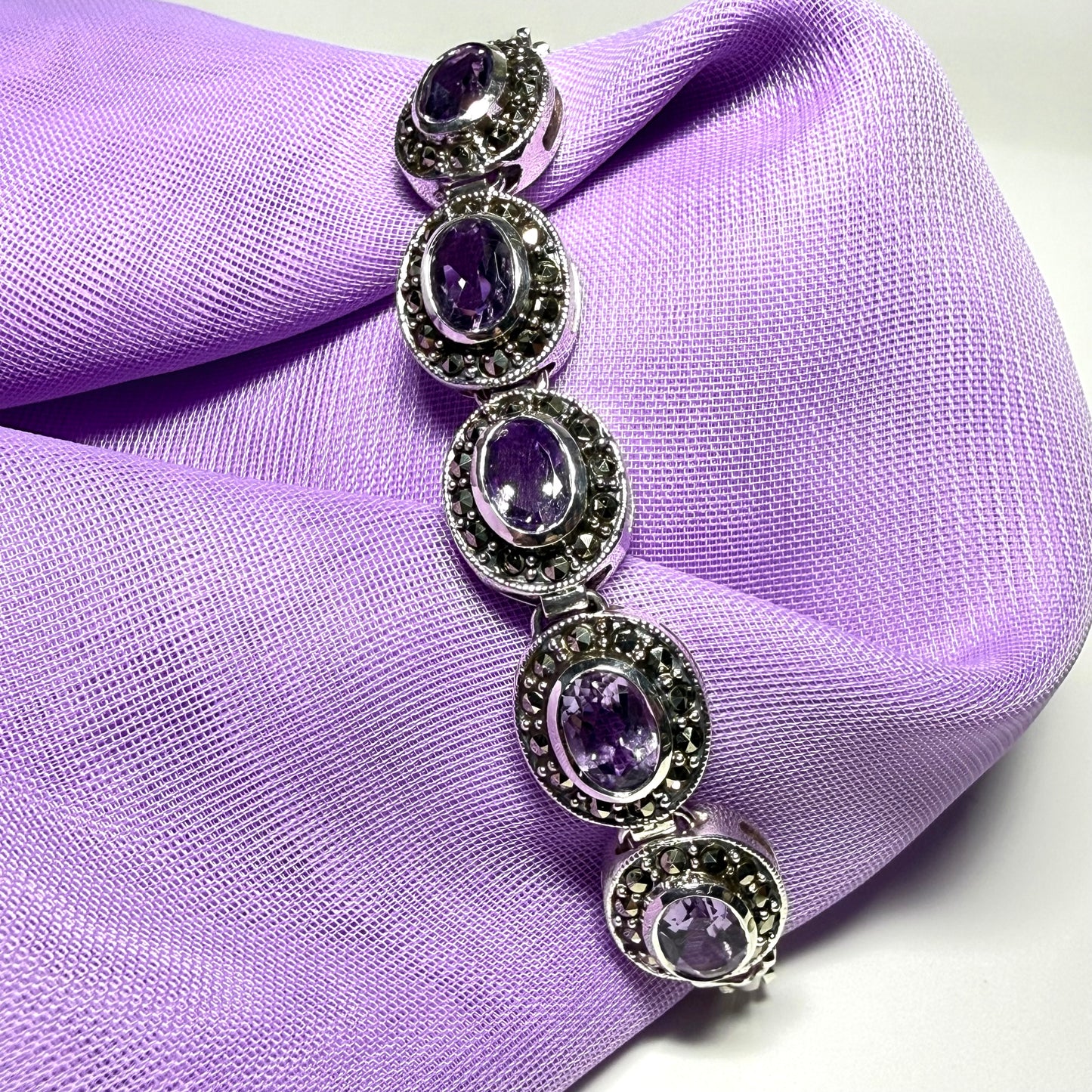Real marcasite and real amethyst sterling silver bracelet oval shaped, a stunning design