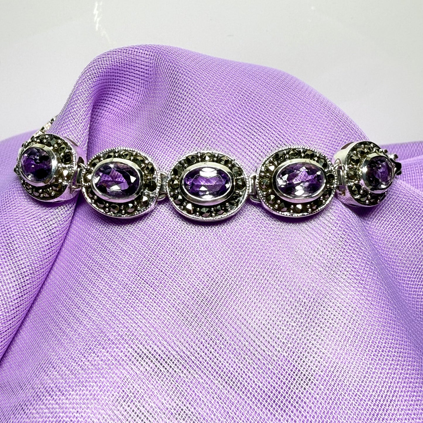 Real marcasite and real amethyst sterling silver bracelet oval shaped, a stunning design