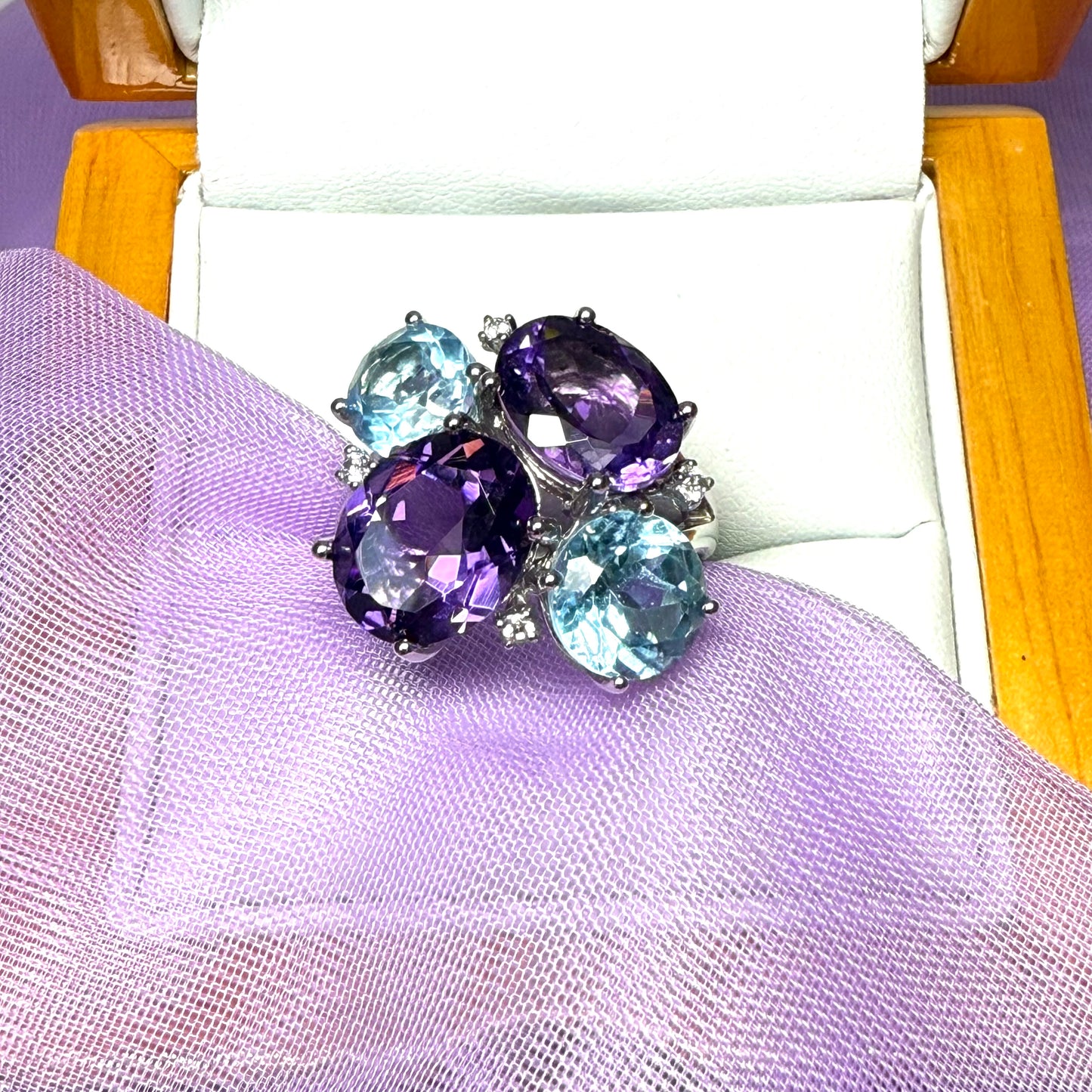 Real blue topaz and real amethyst dress cocktail fancy cluster ring