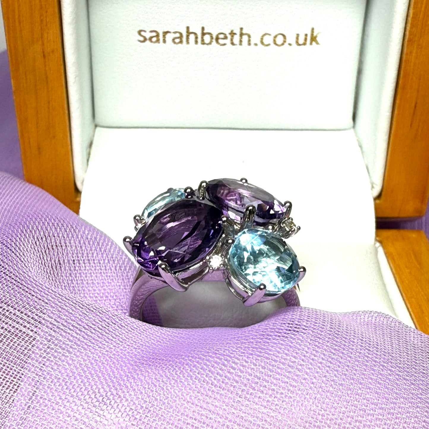 Real blue topaz and real amethyst dress cocktail fancy cluster ring