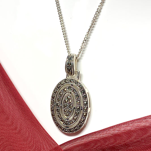 Large oval marcasite necklace sterling silver pendant