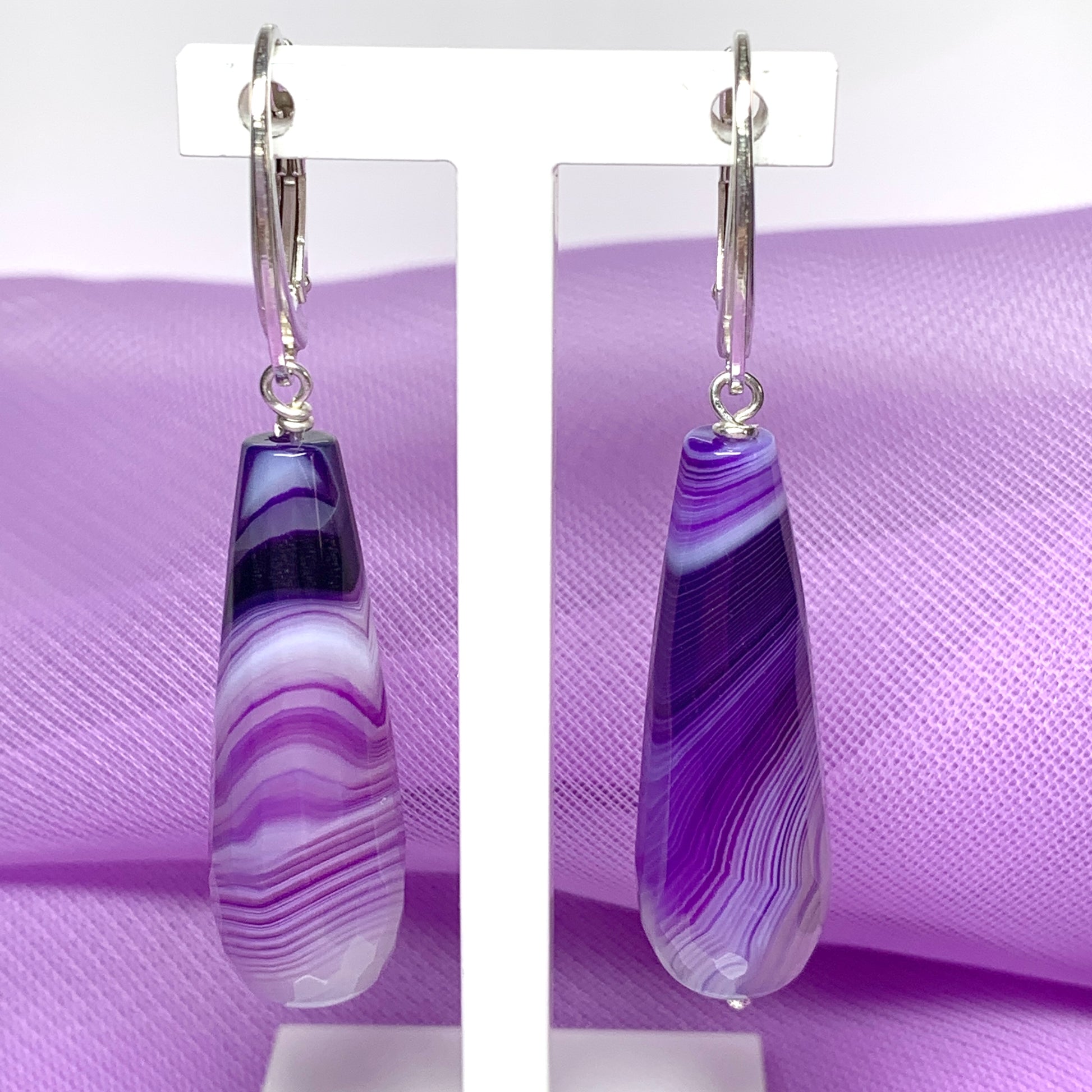 Purple teardrop shaped agate long drop earrings – Sarah Beth Jewellers