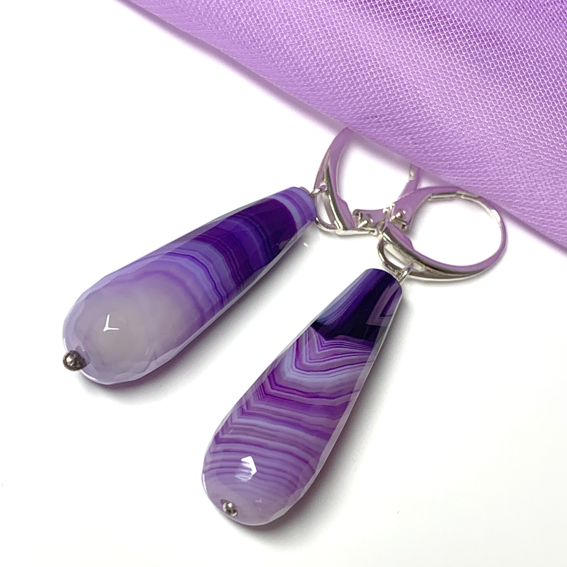 Purple teardrop shaped agate long drop earrings