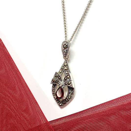 Real garnet pendant necklace with marcasite sterling silver pear cut