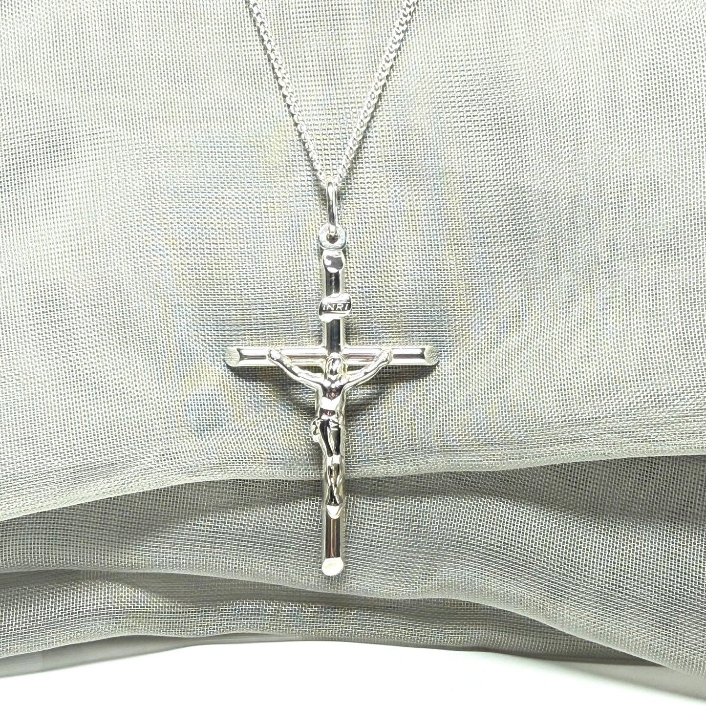 Large polished sterling silver crucifix cross necklace including chain