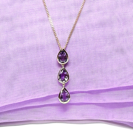 Real purple amethyst triple necklace pear shaped yellow gold teardrop pendant