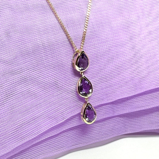 Real purple amethyst triple necklace pear shaped yellow gold teardrop pendant