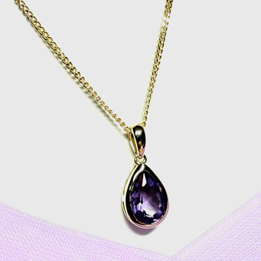 Real purple amethyst necklace pear shaped yellow gold teardrop pendant