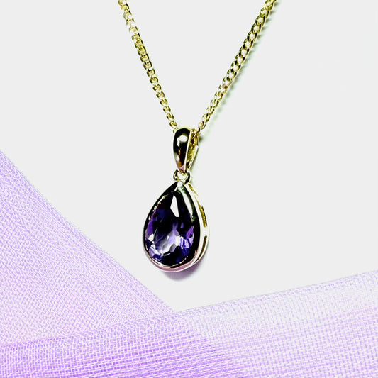 Real purple amethyst necklace pear shaped yellow gold teardrop pendant