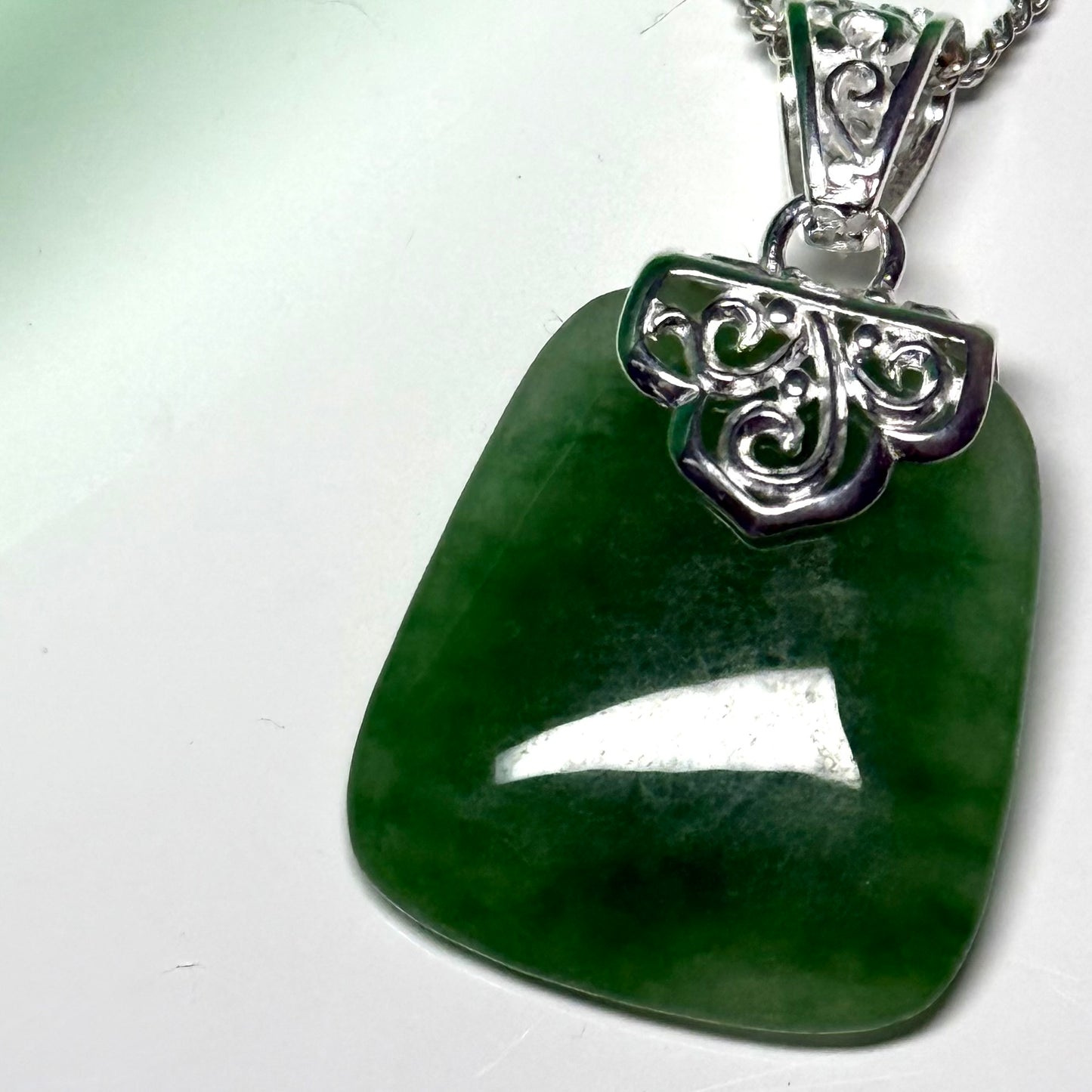 Real green jade necklace large cushion shaped with a solid silver curb chain included sterling silver with a chain