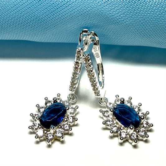 Bright blue and white cubic zirconia oval cluster dress cocktail drop earrings