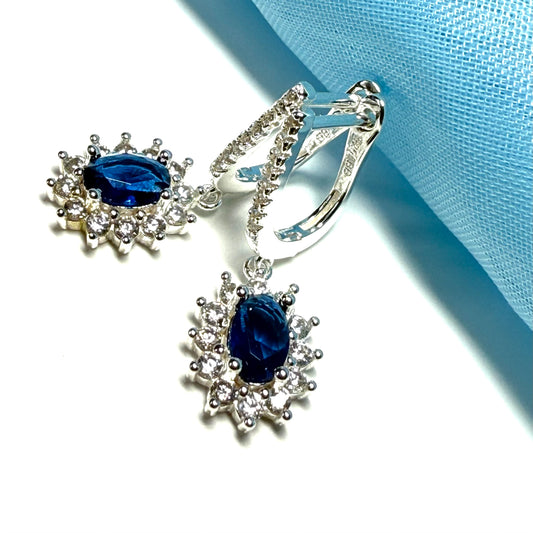 Bright blue and white cubic zirconia oval cluster dress cocktail drop earrings