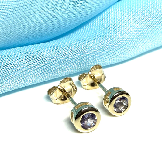Real Tanzanite Stud Earrings Yellow Gold – Round Cut 4.5mm
