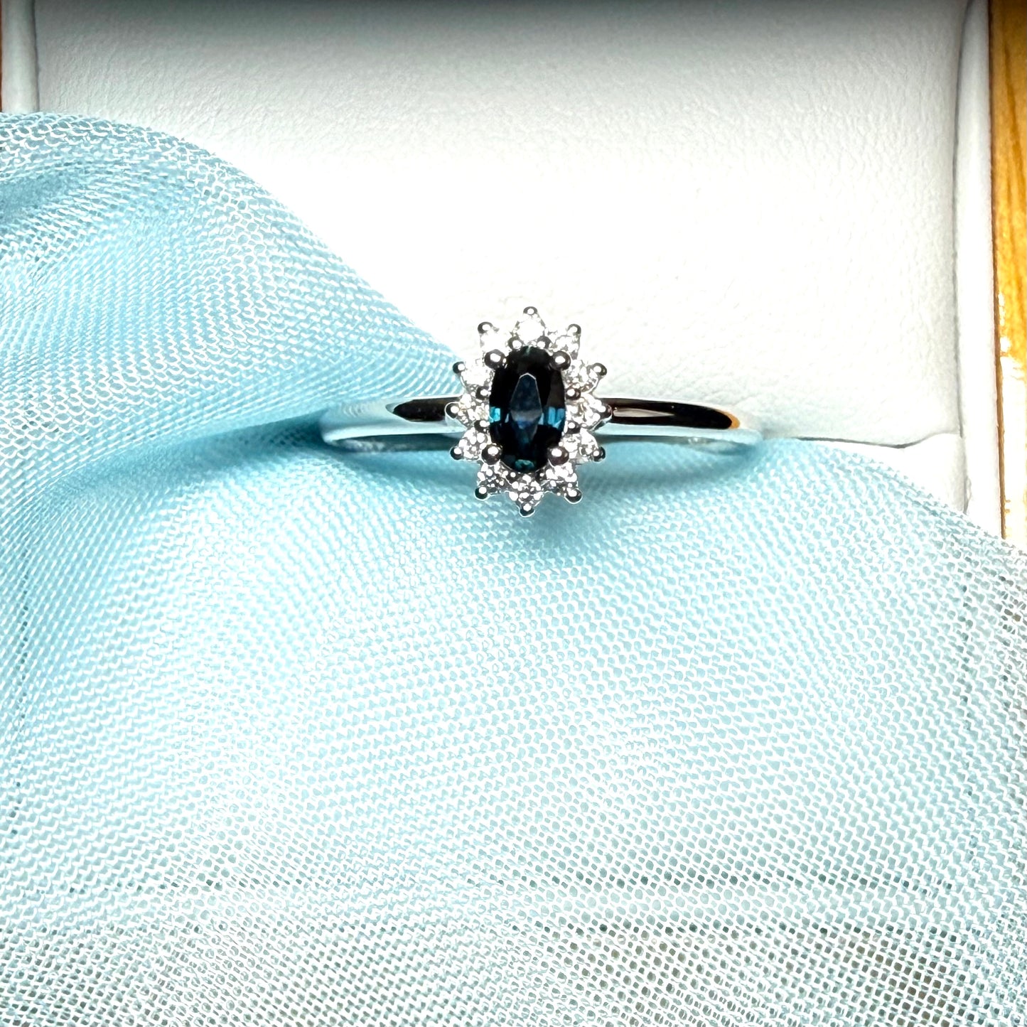 Oval Shaped Real Blue Sapphire and Diamond White Gold Cluster Ring