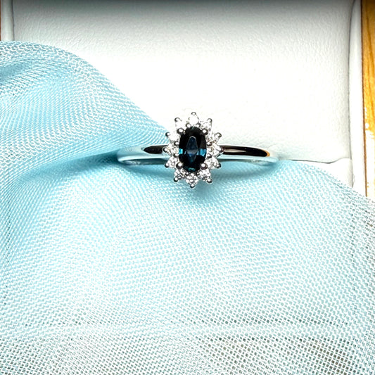 Oval Shaped Real Blue Sapphire and Diamond White Gold Cluster Ring