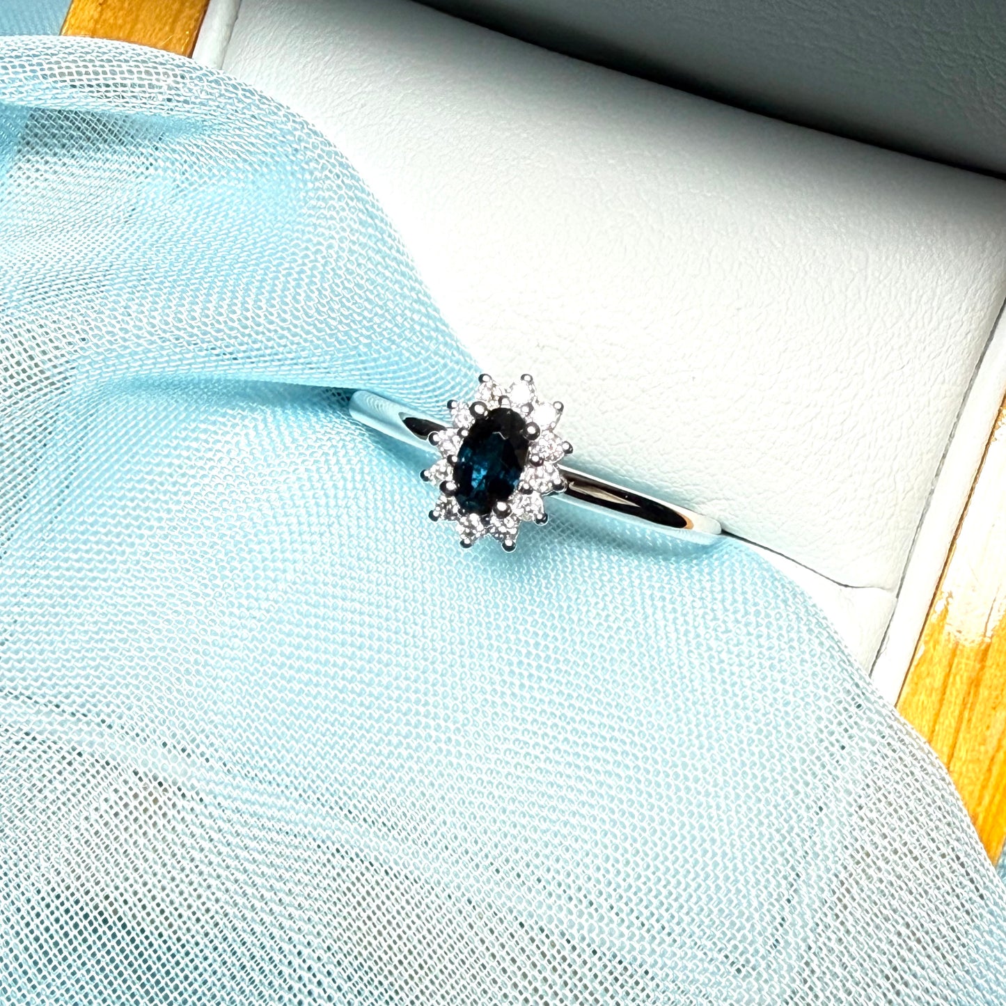 Oval Shaped Real Blue Sapphire and Diamond White Gold Cluster Ring