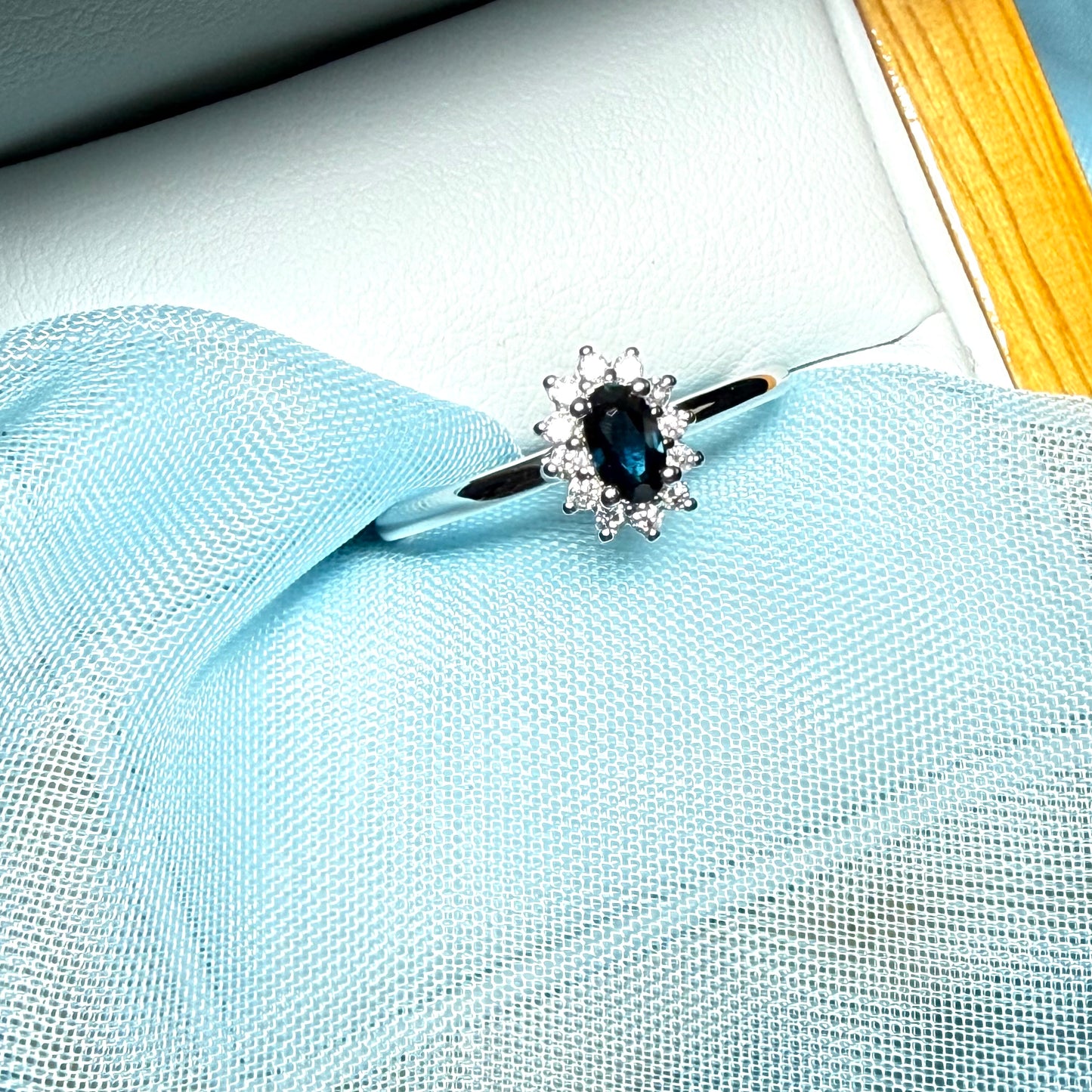 Oval Shaped Real Blue Sapphire and Diamond White Gold Cluster Ring