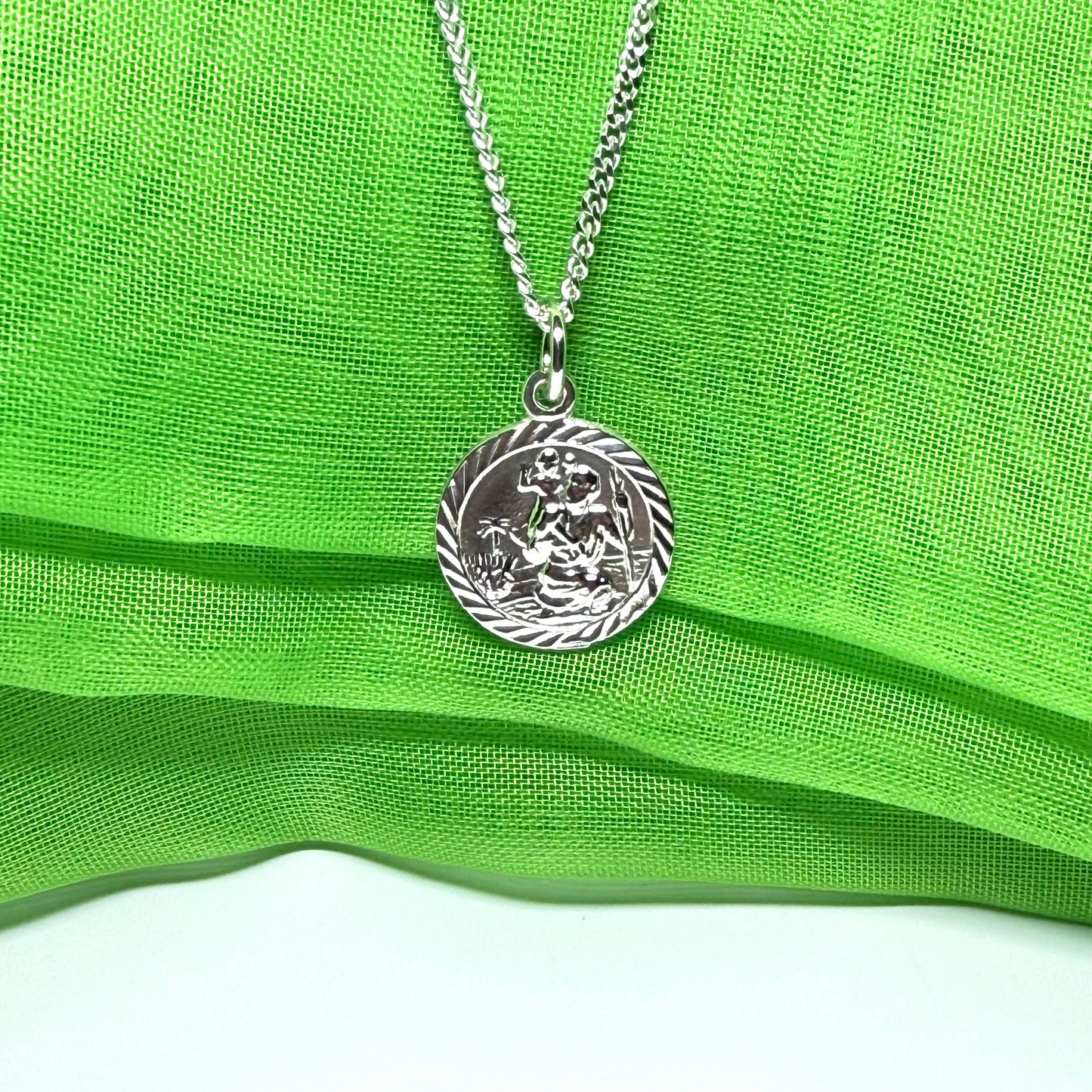 Sterling Silver Round St. Christopher Including Chain 15 mm
