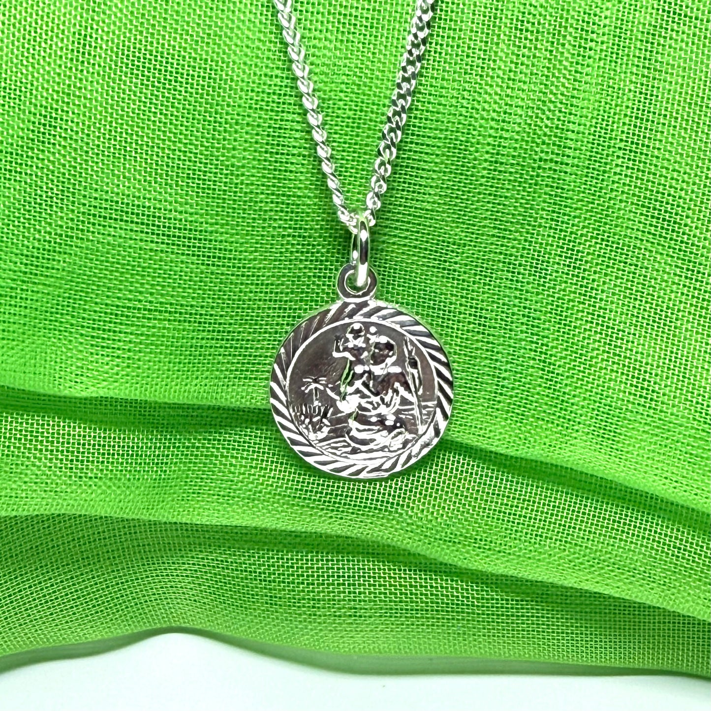 Sterling Silver Round St. Christopher Including Chain 15 mm